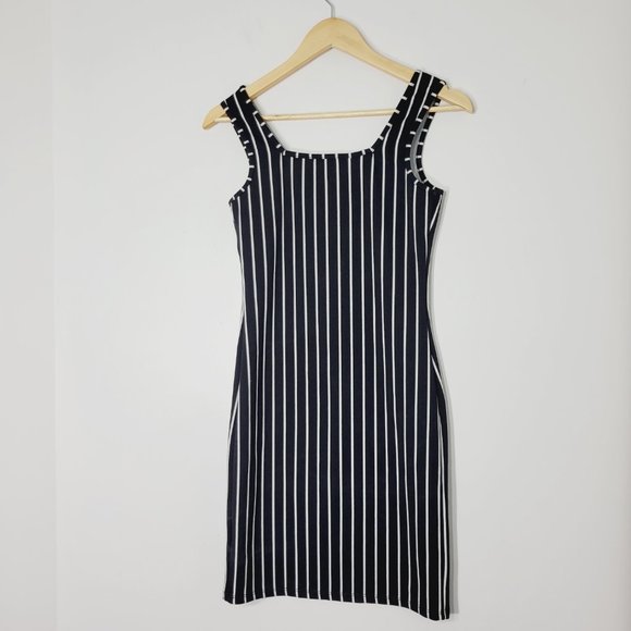 Poison Ivy Sleeveless Sheath Dress Bodycon Black White Striped Scoop Neck S - Picture 5 of 8